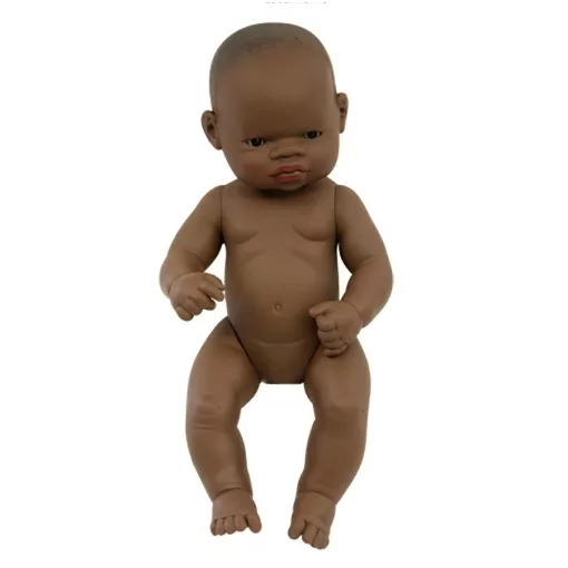 Baba: afrikai lány, haj nélkül, 32 cm-es, vízálló (MINILAND) ML31034