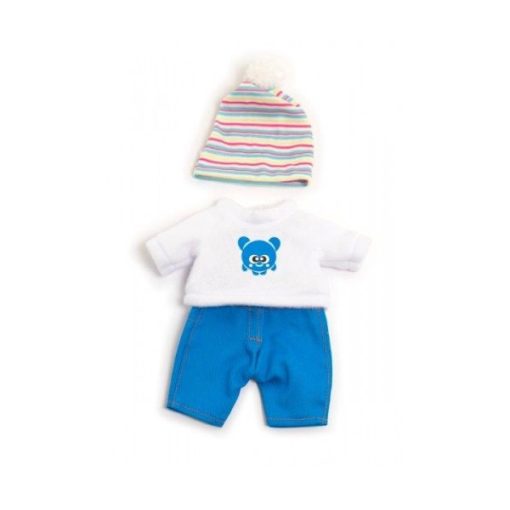 Babaruha - kék nadrág, fehér pulóver,csíkos sapka, 21 cm-es babához, MINILAND, ML31677