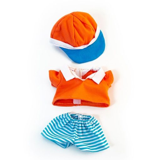 Babaruha - kék csíkos rövidnadrág, narancs póló és sapka, 21 cm-es babához, MINILAND, ML31681