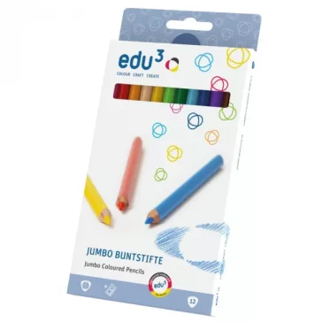   Edu3 színes ceruza 12-es, vastag, háromszögletű ajándék hegyezővel