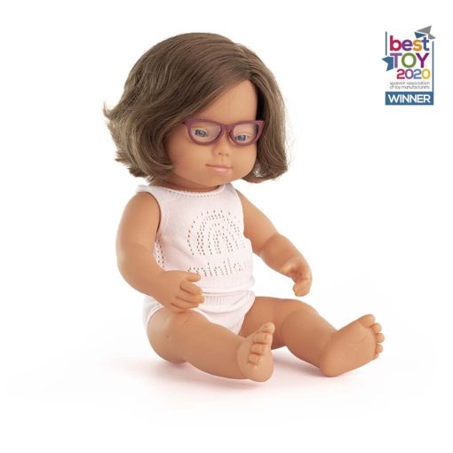 Baba, európai lány, Down-szindrómás, szemüveggel, fehérneműben, 38 cm, Miniland ML31111