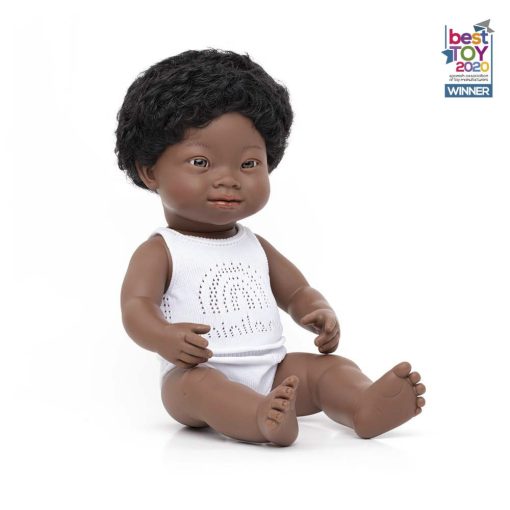 Baba, afrikai fiú, Down-szindrómás, fehérneműben, 38 cm, Miniland ML31175