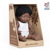 Baba: afrikai fiú, Down-szindrómás, fehérneműben, 38 cm (Miniland) ML31175