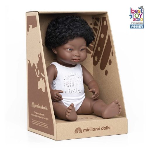 Baba: afrikai fiú, Down-szindrómás, fehérneműben, 38 cm (Miniland) ML31175