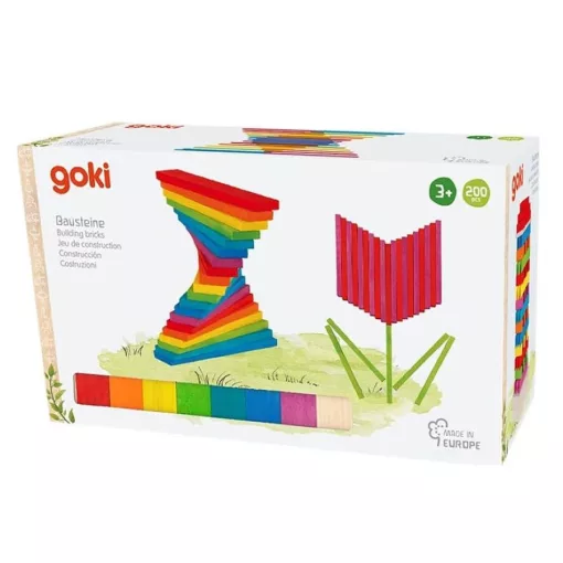 Építőhasábok: színes, 200 darabos, fa dobozban (Goki) GK58470 