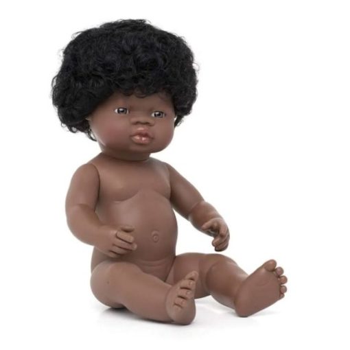 Baba - afrikai lány, hajas, 38 cm-es, vízálló, MINILAND, ML31054