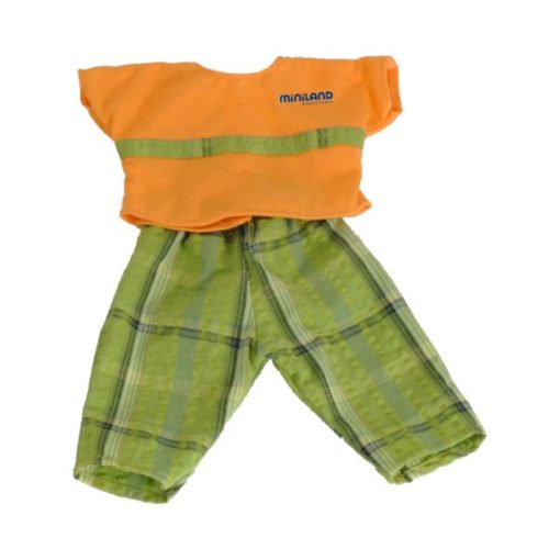 Babaruha - zöld nadrág narancsszínű felsővel, 40 cm-es fiúbabához, MINILAND, ML31531